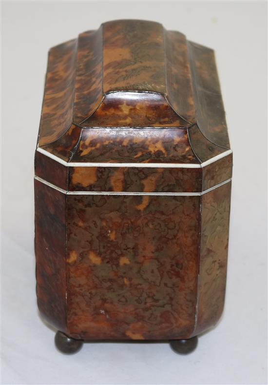 A Regency mother of pearl inset tortoiseshell tea caddy, 7in.